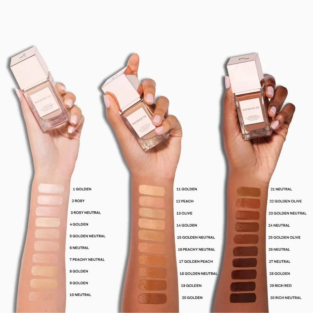 Patrick Ta Hydra Luxe Luminous Skin Perfecting Foundation in Golden Neutral.